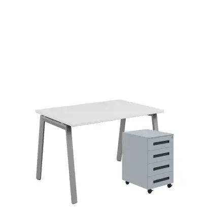 SET-AK 328 stůl kancelářský, kovová podnož stříbrná + kontejner pojízdný, 4-zásuvkový, bílá