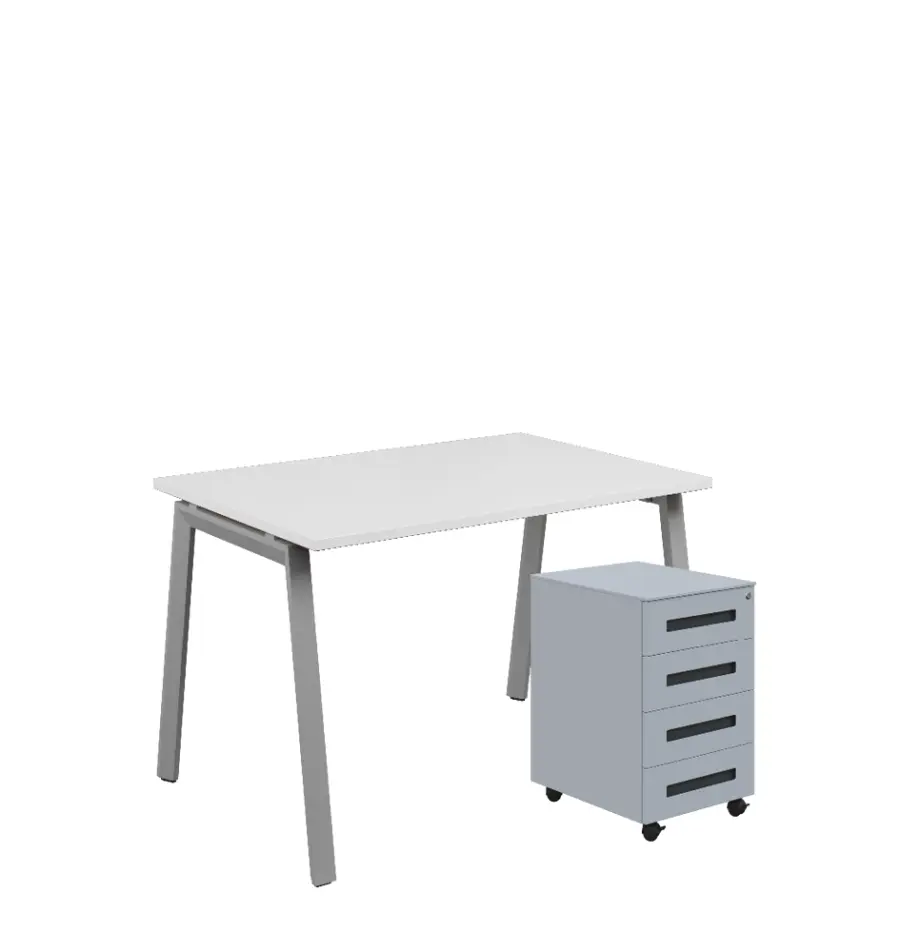 SET-AK 328 stůl kancelářský, kovová podnož stříbrná + kontejner pojízdný, 4-zásuvkový, bílá