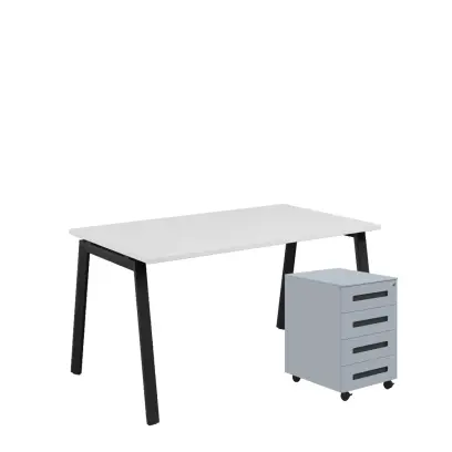 SET-AK 348 stůl kancelářský, kovová podnož černá + kontejner pojízdný, 4-zásuvkový, bílá