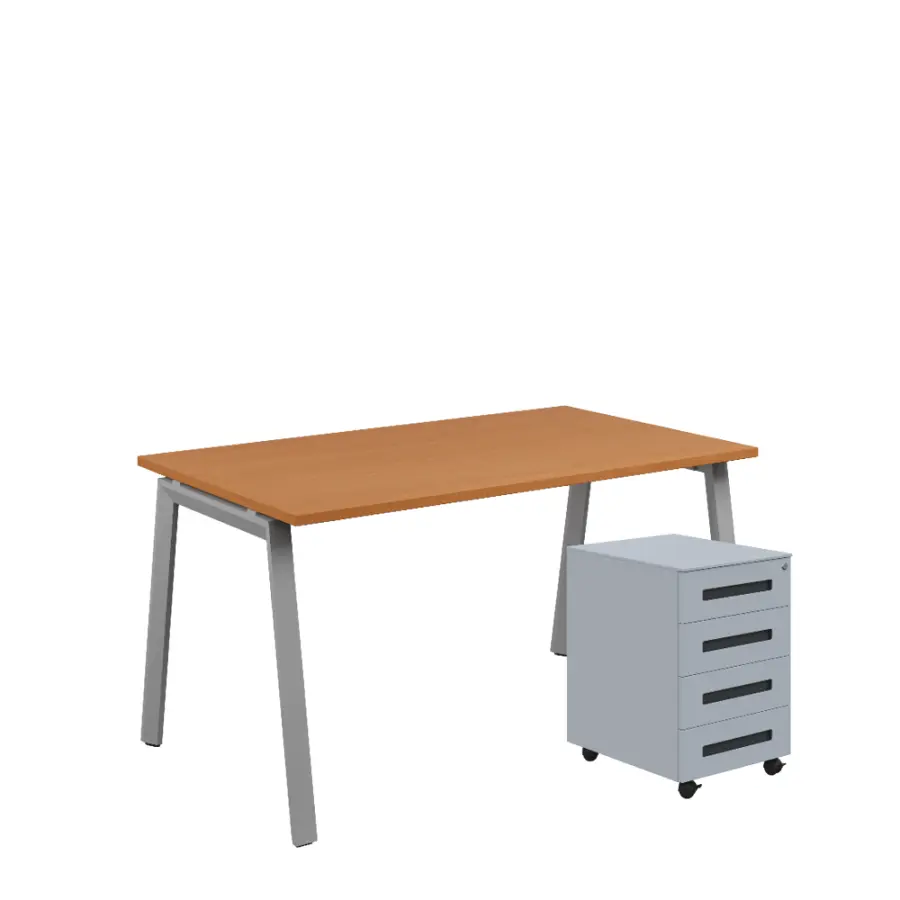 SET-AK 348 stůl kancelářský, kovová podnož stříbrná + kontejner pojízdný, 4-zásuvkový, buk royal