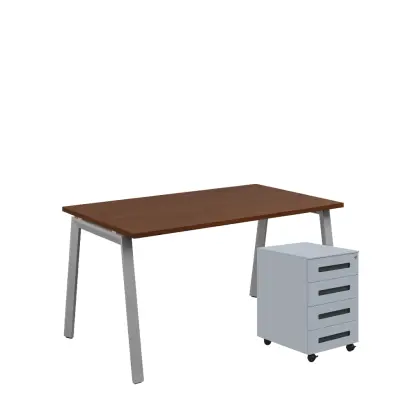 SET-AK 348 stůl kancelářský, kovová podnož stříbrná + kontejner pojízdný, 4-zásuvkový, ořech královský