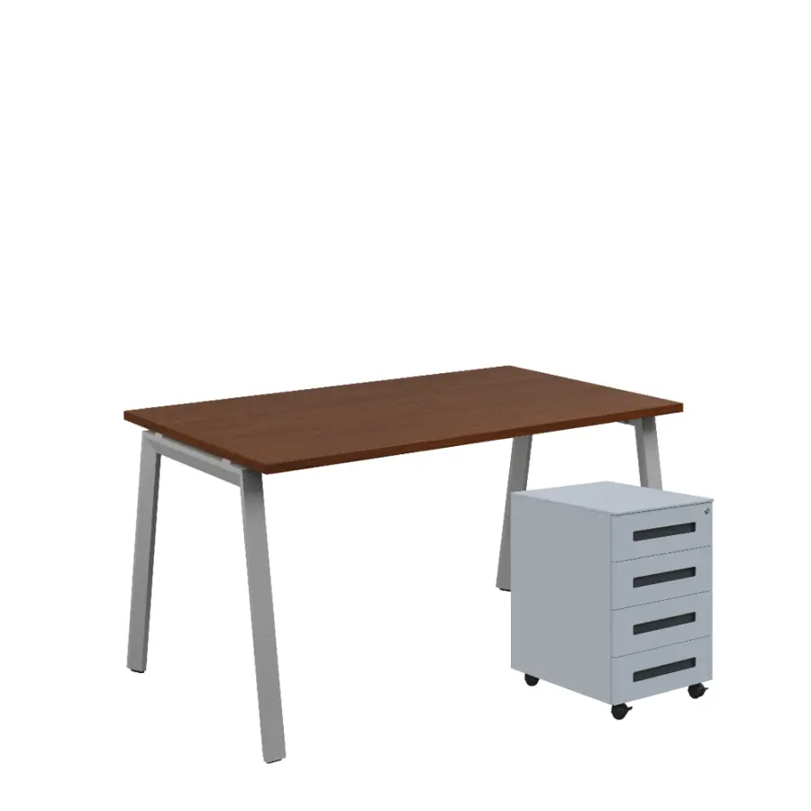 SET-AK 348 stůl kancelářský, kovová podnož stříbrná + kontejner pojízdný, 4-zásuvkový, ořech královský