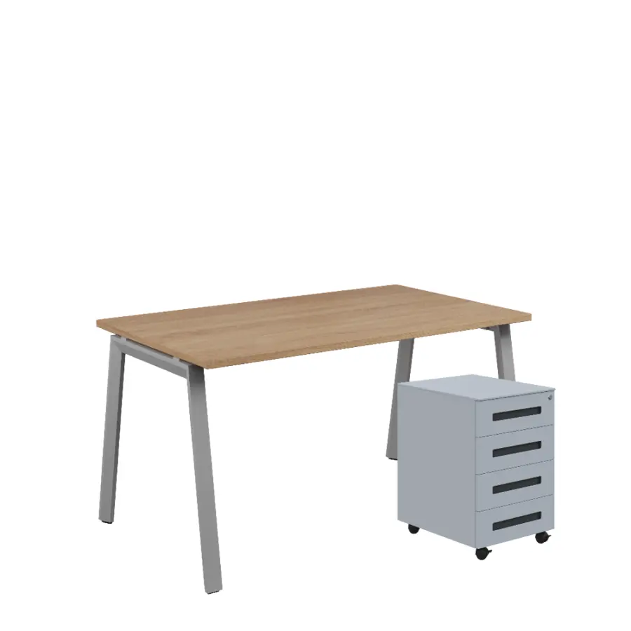 SET-AK 348 stůl kancelářský, kovová podnož stříbrná + kontejner pojízdný, 4-zásuvkový, dub bardolino