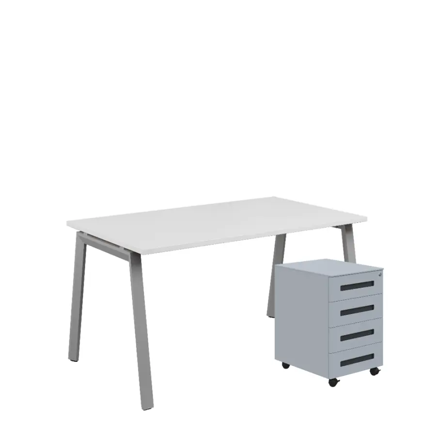 SET-AK 348 stůl kancelářský, kovová podnož stříbrná + kontejner pojízdný, 4-zásuvkový, bílá