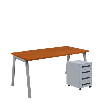 SET-AK 368 stůl kancelářský, kovová podnož stříbrná + kontejner pojízdný, 4-zásuvkový, třešeň šumavská