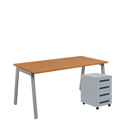 SET-AK 368 stůl kancelářský, kovová podnož stříbrná + kontejner pojízdný, 4-zásuvkový, buk royal