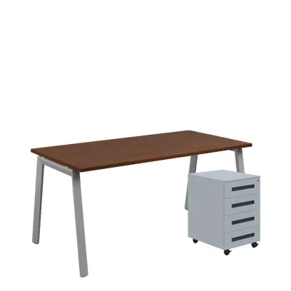 SET-AK 368 stůl kancelářský, kovová podnož stříbrná + kontejner pojízdný, 4-zásuvkový, ořech královský