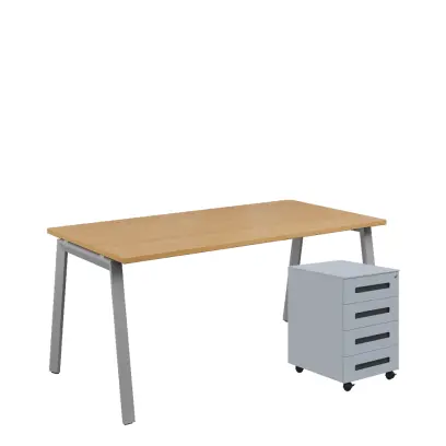 SET-AK 368 stůl kancelářský, kovová podnož stříbrná + kontejner pojízdný, 4-zásuvkový, javor horský