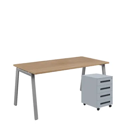 SET-AK 368 stůl kancelářský, kovová podnož stříbrná + kontejner pojízdný, 4-zásuvkový, dub bardolino