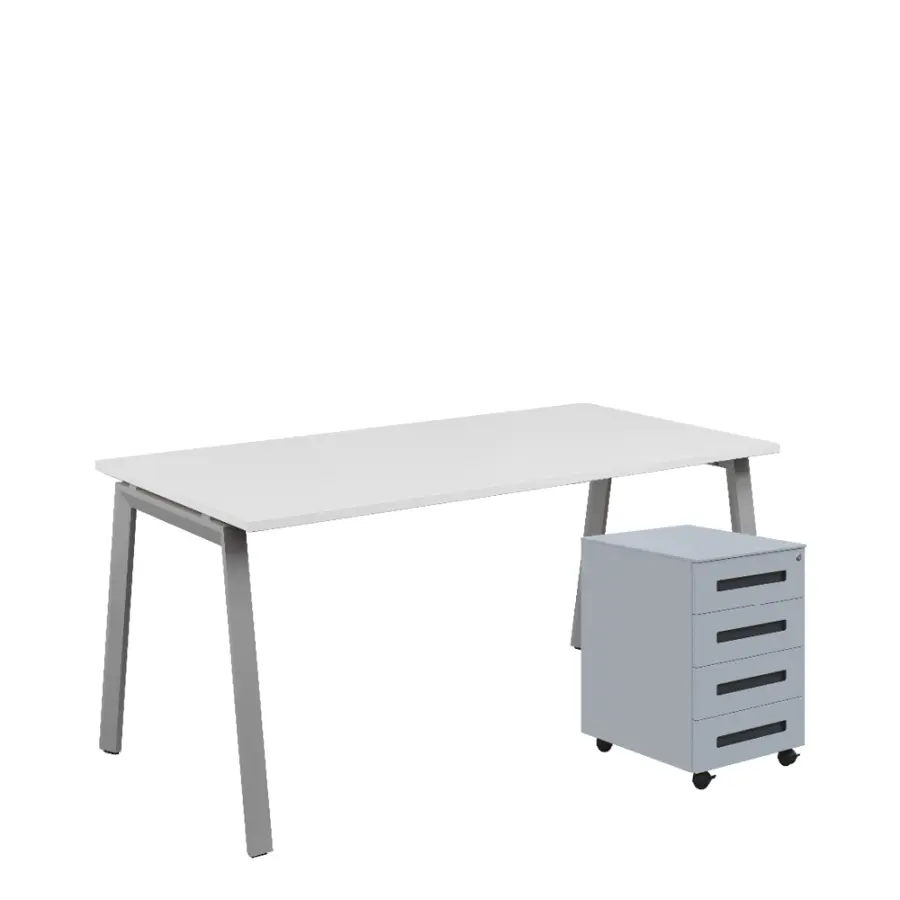 SET-AK 368 stůl kancelářský, kovová podnož stříbrná + kontejner pojízdný, 4-zásuvkový, bílá