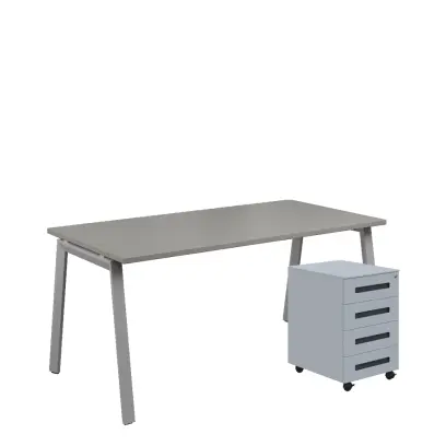 SET-AK 368 stůl kancelářský, kovová podnož stříbrná + kontejner pojízdný, 4-zásuvkový, šedá