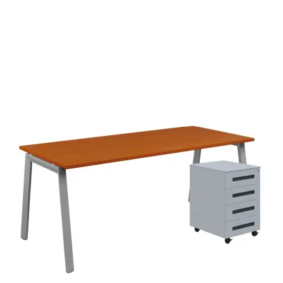 SET-AK 388 stůl kancelářský, kovová podnož stříbrná + kontejner pojízdný, 4-zásuvkový, třešeň šumavská