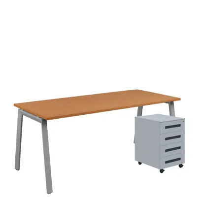 SET-AK 388 stůl kancelářský, kovová podnož stříbrná + kontejner pojízdný, 4-zásuvkový, buk royal