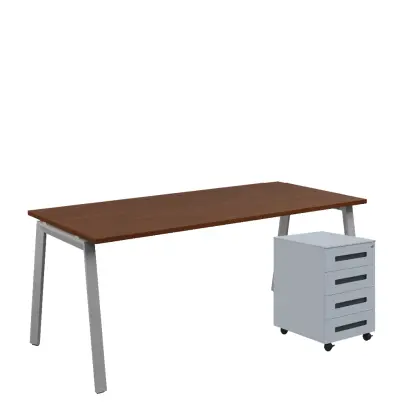 SET-AK 388 stůl kancelářský, kovová podnož stříbrná + kontejner pojízdný, 4-zásuvkový, ořech královský