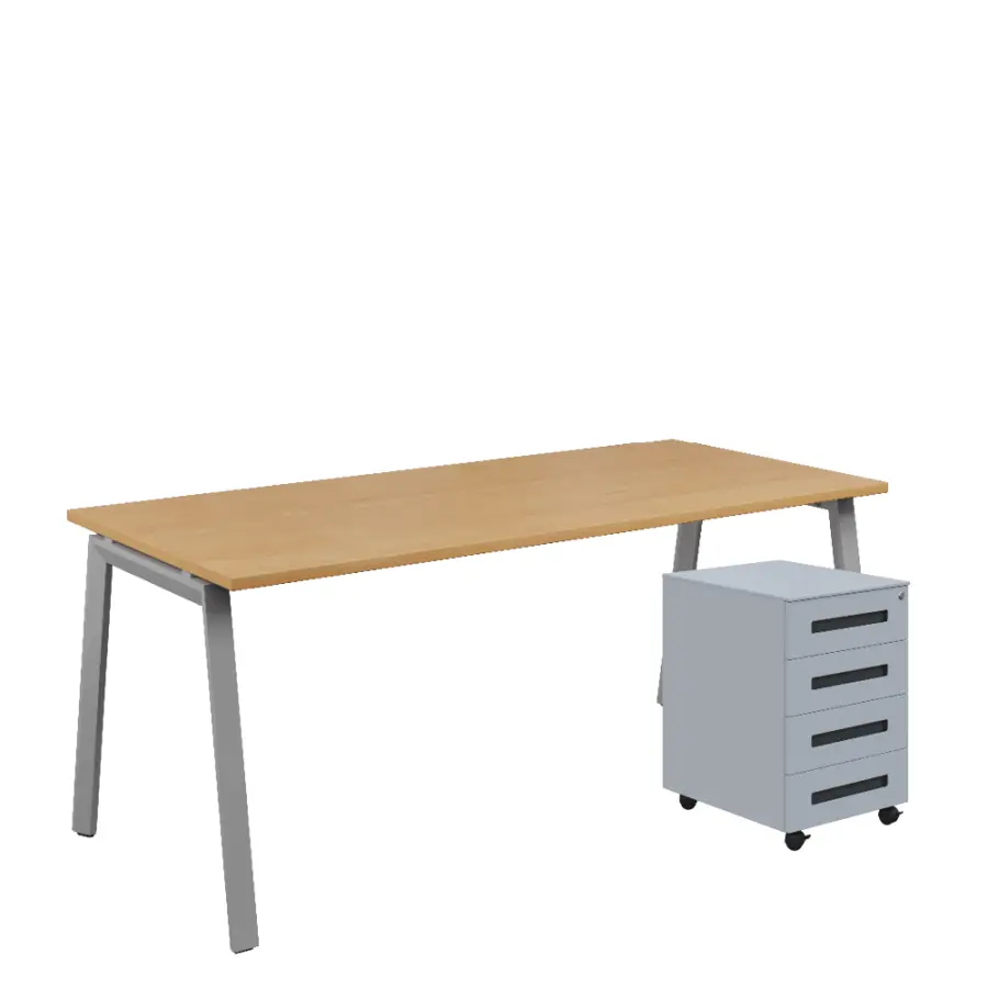 SET-AK 388 stůl kancelářský, kovová podnož stříbrná + kontejner pojízdný, 4-zásuvkový, javor horský