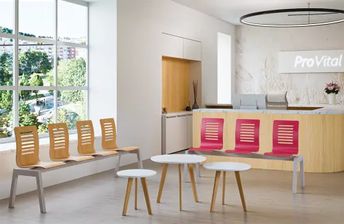 CARMEN 4, dřevěná lavice do čekárny, 4-sedák, dub bělený, kostra stříbrná