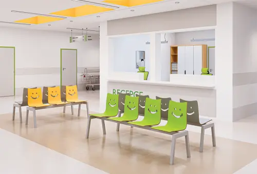 SMILE 3, dřevěná lavice do čekárny, 3-sedák, žlutá, kostra černá