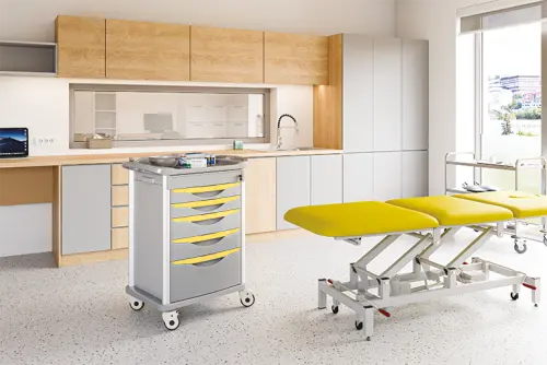 OVM - 07, vozík zdravotnický, 5-zásuvkový, šedý, madla oranžová