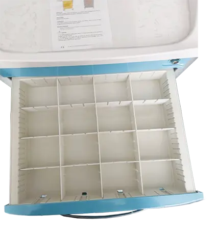 OVM - 07, vozík zdravotnický, 5-zásuvkový, šedý, madla tyrkysová