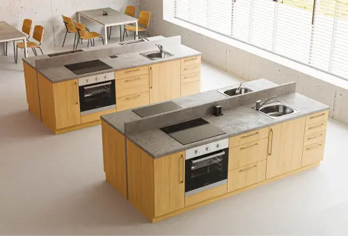 KUCH - CV260 cvičná kuchyňka, vybavení - dřez + baterie + trouba + varná deska, 870x2600x600 mm, dub bardolino + deska bílá perlička