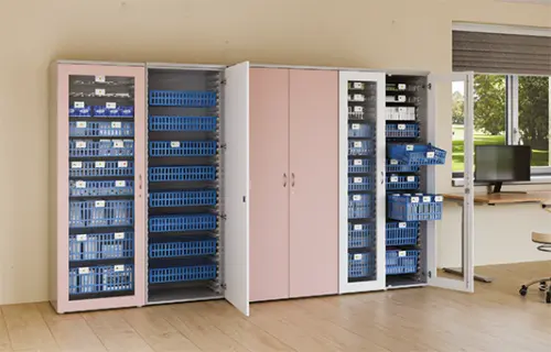 MEDICAL D - 90 skříň léková boxová, 1950 x 900 x 735, dvířka, korpus šedá, dvířka zelinkavá