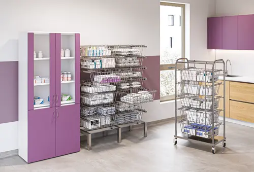 WIREBOX 14 stacionární regál s drátěnými koši, 1580x1180x475 mm, nerez