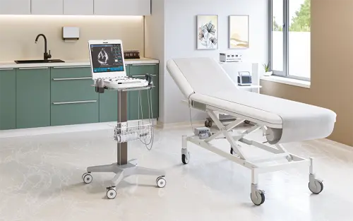 UZ - 01, utrazvukový vozík, 4 držáky pro sondy, drátěný košík, šedý