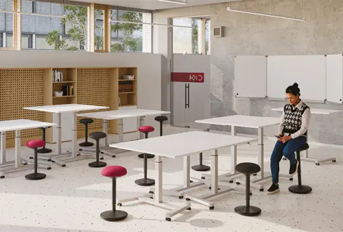 VARI MOBILE výškově nastavitelný stůl mobilní, kovová podnož stříbrná, deska 25 mm, široký 1200 mm, šedá