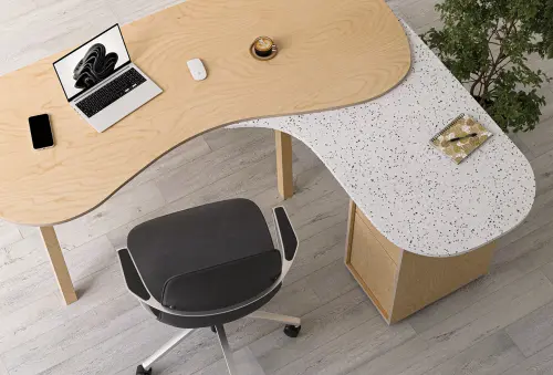 ECO 12 P konferenční stolek, pravý, masivní dřevěná podnož, deska 18 mm, 500x1020x625, překližka bříza/upcyklovaný plast