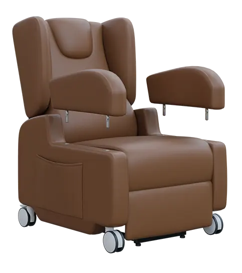 PRIMACARE MOBIL, mobilní relaxační křeslo, elektricky polohovatelné, velká kolečka, koženka hnědá