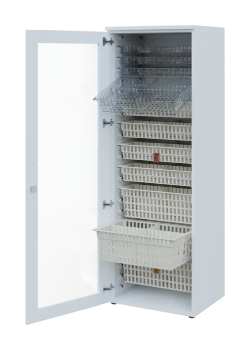 EUROMEDICA S - 66 skříň léková boxová, 1-dveřová/prosklená, levá, 1950x660x535, korpus bílý, dvířka šedo-zelinkavá