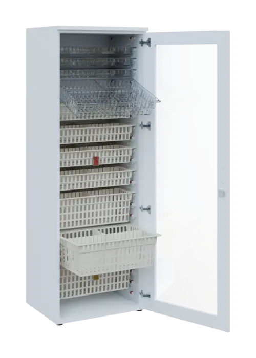 EUROMEDICA S - 66 skříň léková boxová, 1-dveřová/prosklená, pravá, 1950x660x535, korpus bílý, dvířka žlutá odio