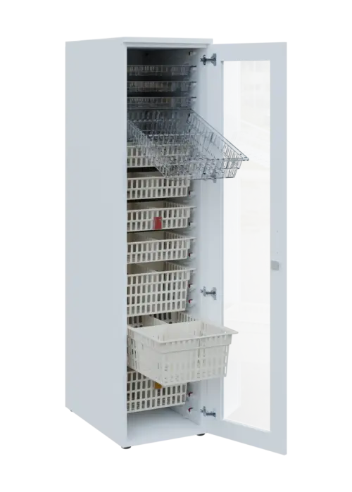 EUROMEDICA S - 46 skříň léková boxová, 1-dveřová/prosklená, pravá, 1950x460x735, korpus šedý, dvířka bílá