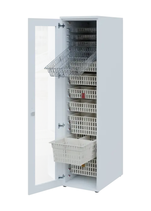 EUROMEDICA S - 46 skříň léková boxová, 1-dveřová/prosklená, levá, 1950x460x735, korpus bílý, dvířka obloha