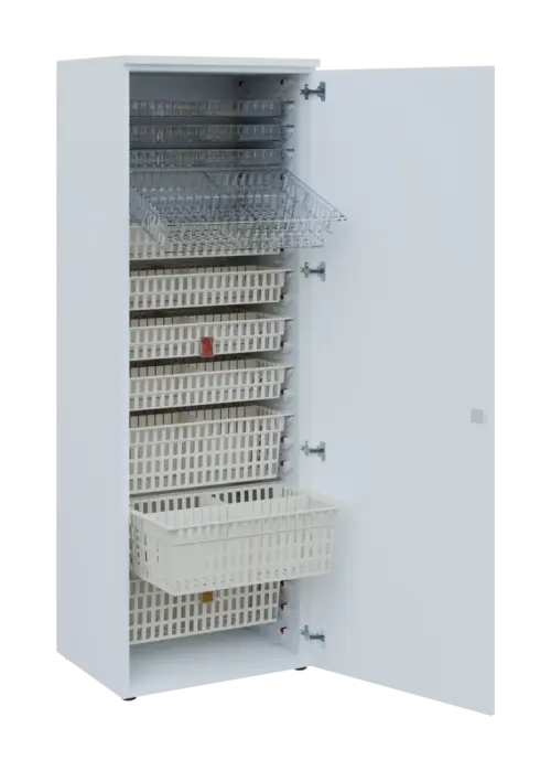 EUROMEDICA D - 66 skříň léková boxová, 1-dveřová, pravá, 1950x660x535, korpus šedý, dvířka pastelově růžová