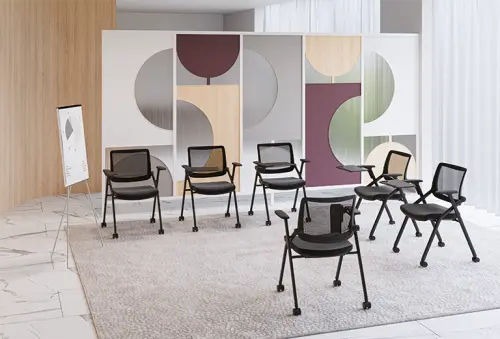 SMART 02, židle konferenční s područkami, sklopná, černá, kolečka + stolek sklopný, černý