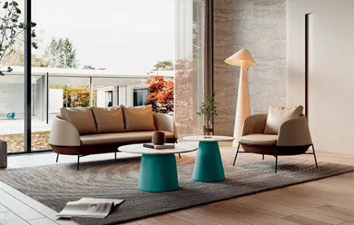 COFFEE DUET, set 2 konferenčních stolků, deska keramika šedo - bílá, podnož hliník tyrkysový