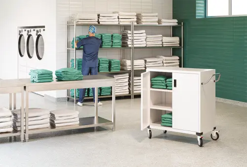 CLINIC MOBIL 104, nemocniční vozík univerzální, 2-dveřový, policový, bílý