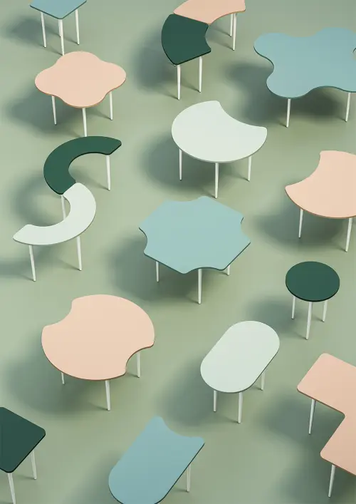 PLAYFORM 201 modulární hravé stoly, výška 750 mm, podnož bílá, deska 25 mm, beton zelinkavý