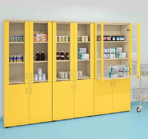 LE - 01 skříň lékařská prosklená, korpus bílá, dvířka žlutá odio