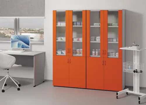 LE - 01 skříň lékařská prosklená, korpus bílá, dvířka žlutá odio