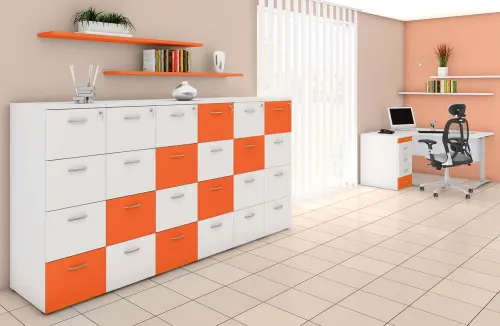 LKR - 4 dřevěná kartotéka A4, 4-zásuvková, centrální zámek, korpus bílá/čílka pomeranč