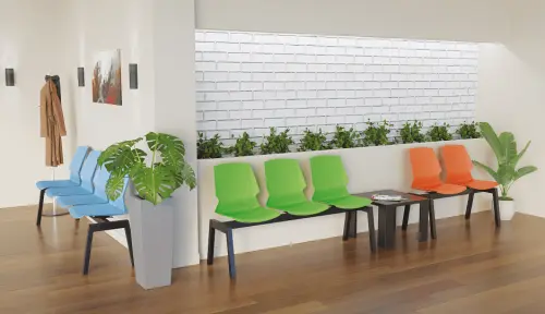 PRETTY 4, plastová lavice do čekárny, 4-sedák, tyrkysová, kostra stříbrná