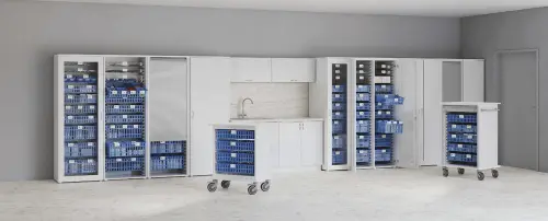 MEDICAL S - 90 skříň léková boxová, 1950 x 900 x 735, prosklená, korpus šedá, dvířka jarní zeleň