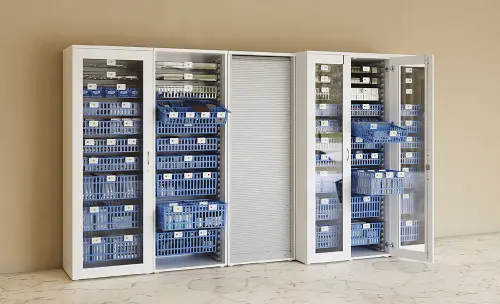 MEDICAL S - 66 skříň léková boxová, 1950 x 660 x 735, prosklená, korpus bílá, dvířka žlutá odio