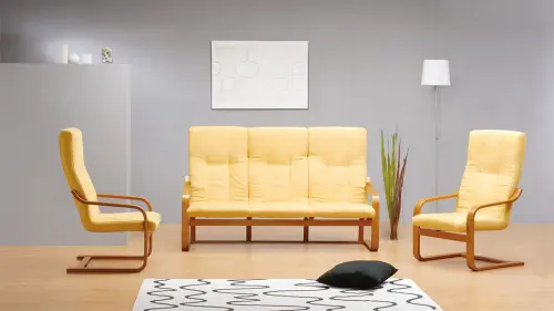 BO - 1 křeslo, dřevěná kostra, moření třešeň, látka BORA 14, bílá káva