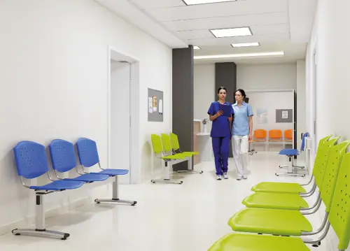 FLORIDA - 3, plastová lavice do čekárny, 3-sedák, pistáciová, kostra stříbrná