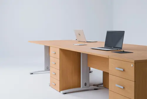 LKR 28 - 166 stůl kancelářský, rohový, levý, kovová podnož stříbrná, deska 25 mm, široký 1600 mm, dub bardolino