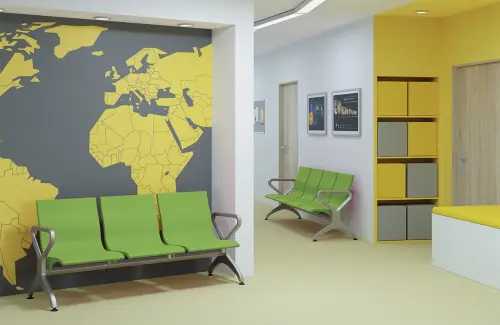 RAINBOW - 3, polyuretanová lavice do čekárny, 3-sedák, jarní zeleň, kostra stříbrná