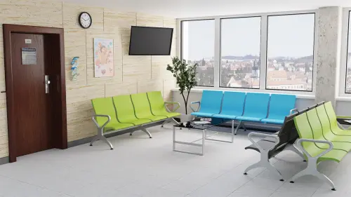 RAINBOW - 3, polyuretanová lavice do čekárny, 3-sedák, jarní zeleň, kostra stříbrná